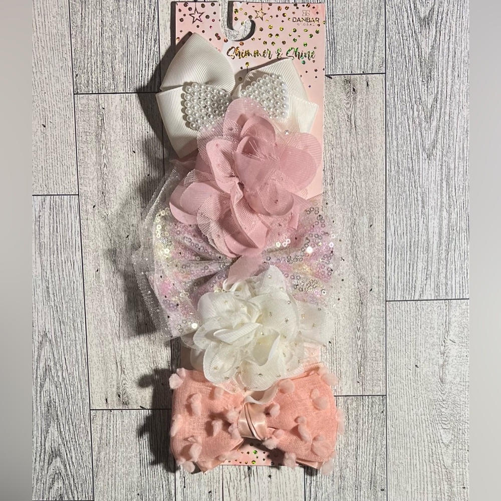 Shimmer and Shine Girls Pink Mauve Cream Colors 5 Piece Hair Bow Clip Set 5 PCs